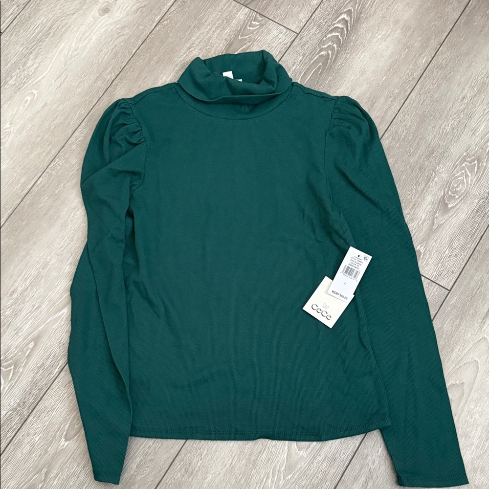 CeCe Deep Teal Puff Sleeve Turtleneck Top